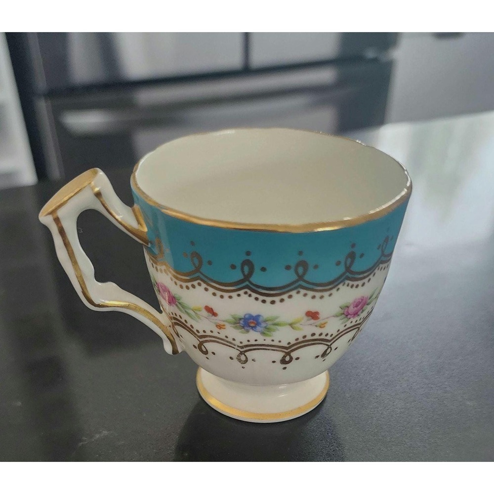 Aynsley Bone China Teacup Vintage Pattern 28 Teal Blue Gold Gilt England